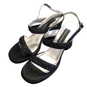 NWT black strappy chunky heel bead sequin‎ sandals